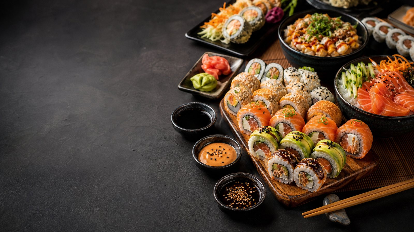 Mesa con rolls de sushi, salsas y palillos